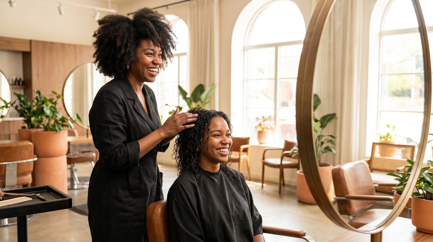 Hairstylist working with a client in a salon